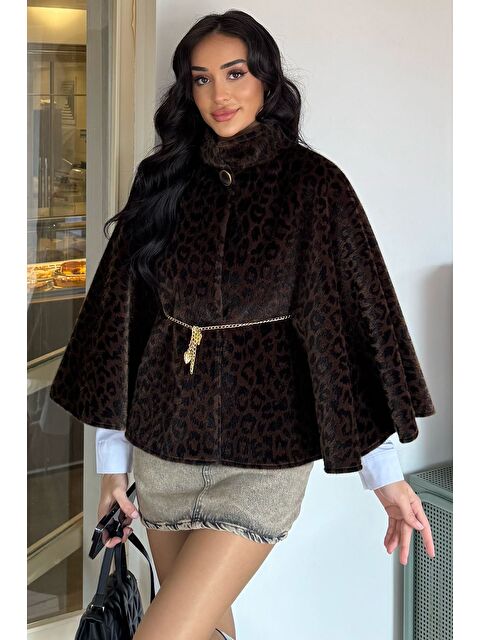 Gülseli Kadın Leopar Desen Su Fırçalı Kaşe Panço - S000445258-19294