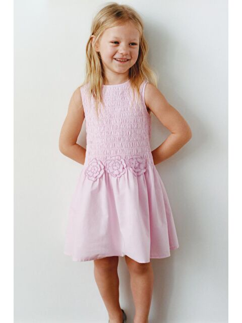 Magu Kız Çocuk Pamuklu Pembe Çiçek Aplikeli Kat Etekli Elbise - Yazlık Kolsuz Model - S000389249-20024