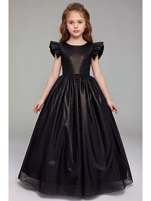 Riccotarz Kız Çocuk Üzeri Simli ve Omuzlar Fırfır Detaylı Kolsuz Siyah Abiye - S000497854-19351