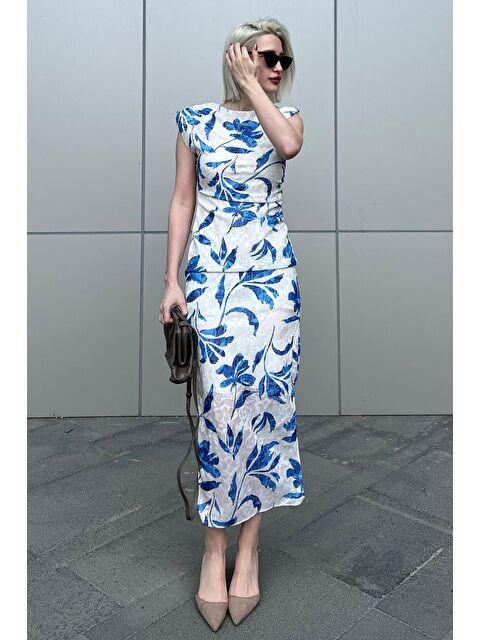 Madmext Mavi Bisiklet Yaka Desenli Elbise Mg2054 - S000173409-17234