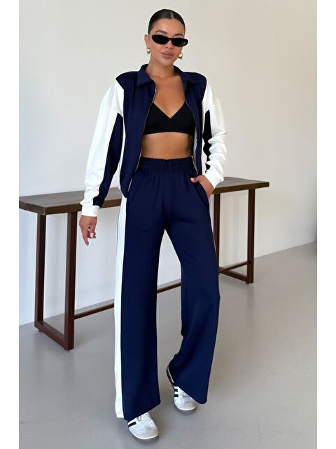 Trendseninle Kadın Lacivert Kalın Beyaz Yan Çizgili Modal Kumaş Hırka Alt-Üst Eşofman Takımı - S000433284-21164