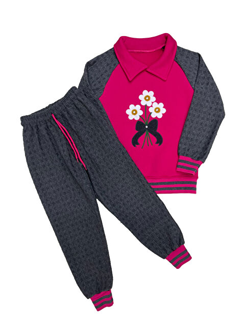 Modanino Kız Çocuk Papatya Nakışlı Ribana Detaylı 3 İplik Alt- Üst Takım 12322 - S000464365-18686