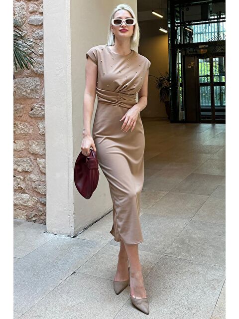 Madmext Bej Taş Detaylı Bisiklet Yaka Elbise Mg2053 - S000173410-19928