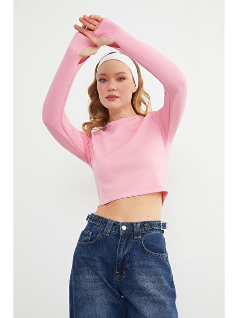 Fullamoda Basic Bisiklet Yaka Parmak Geçmeli Crop Bluz - S000469638-20024