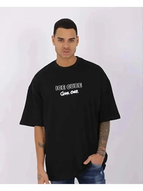 Jane's Unisex Bisiklet Yaka Baskılı Oversize T-Shirt - Siyah