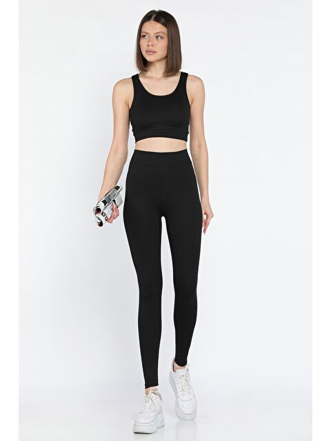 Gülseli Kadın Kalın Askılı Fitilli Crop Yüksek Bel Sporcu Tayt İkili Takım - S000365083-19351