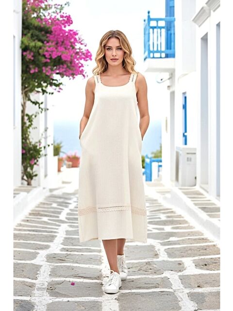carla10 Askılı Askısı Dantelli Keten Elbise