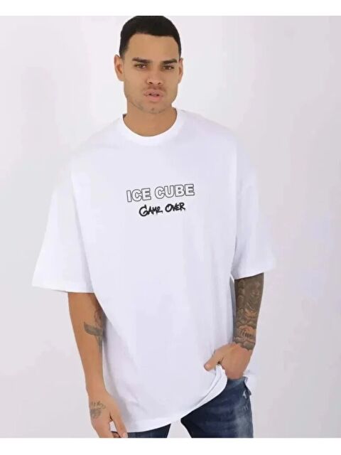 Jane's Unisex Bisiklet Yaka Baskılı Oversize T-Shirt - Beyaz