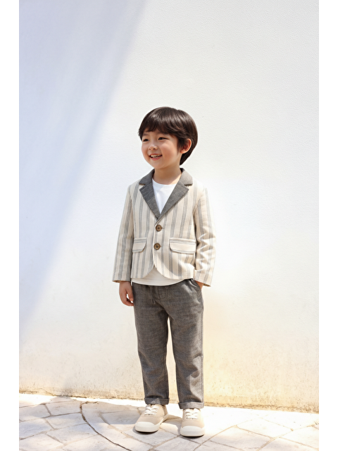 Magu Erkek Çocuk Ekru Çizgili Blazer Ceket Gri Pantolon Ve T Shirt Takım - S000497860-23173