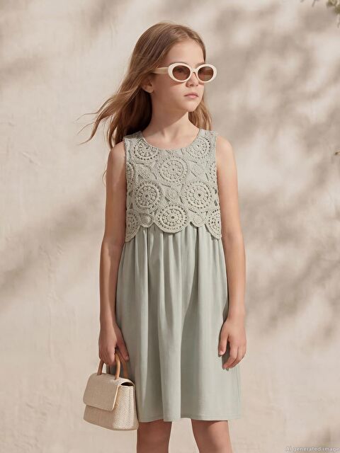Civil Girls Dantelli 10-13 Yaş Elbise - Yeşil