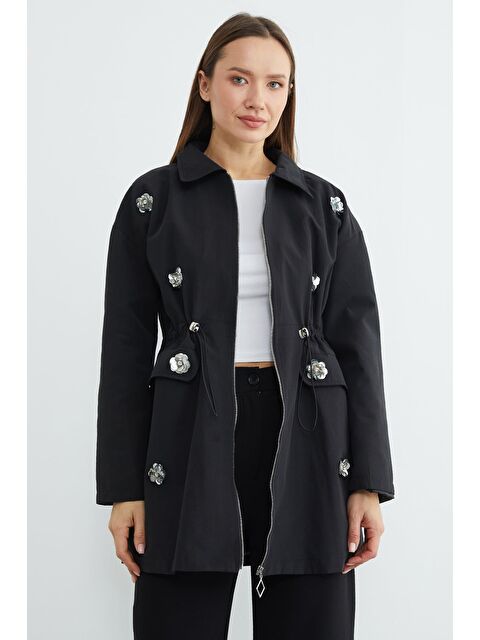 Fullamoda Çiçek İşlemeli Beli Lastikli Trençkot - S000511226-19351