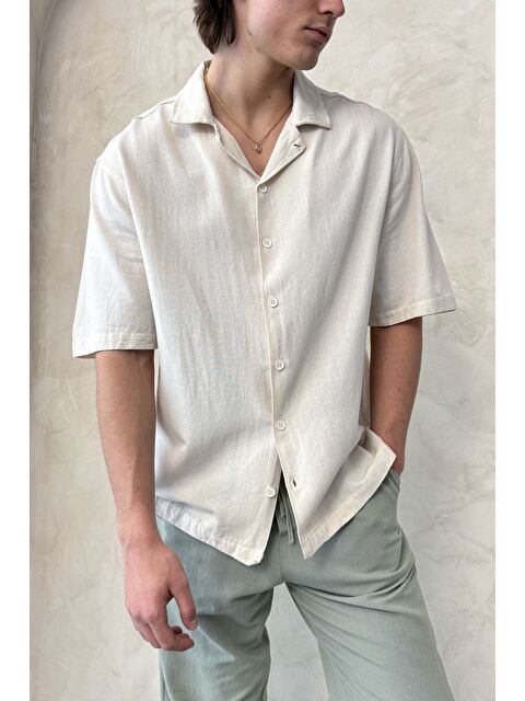 HYMAN Erkek Oversize Apaş Yaka Kısa Kollu Keten Gömlek - S000515500-19928