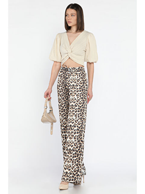 Gülseli Kadın Bel Lastikli Yüksek Bel Leopar Desenli Bol Kesim Pantolon - S000365025-19966