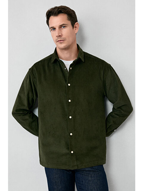 Kiğılı Uzun Kol Oversize Ekstra Rahat Kesim Pamuk Spor Kadife Gömlek - S000494138-18547