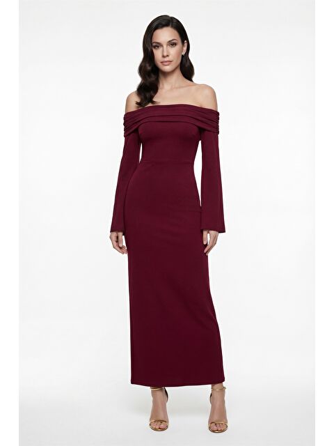 Lafaba Kadın Bordo Carmen Yaka Gece Abiye Elbise - S000493714-19951