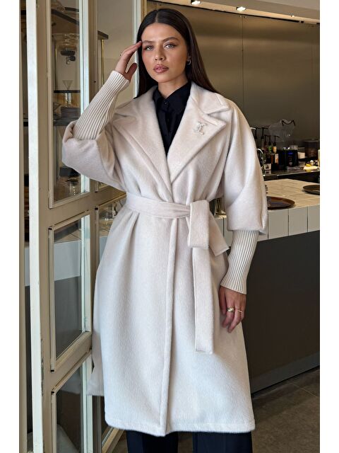 Gülseli Kadın Su Fırçalı Kuşaklı Kaşe Kaban - S000445260-25636