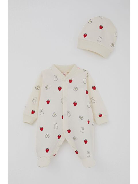 Breeze Kız Bebek Patikli Tulum Sevimli Tavşancık & Çilek Desenli Ekru (0-6 Ay) - S000492438-19965