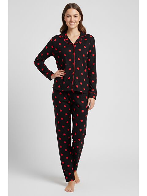 Tofisa Ara Biyeli Baskılı Süet Pijama Takımı Siyah - 28083-SIYAH - S000495323-19351