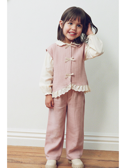 Magu Kız Çocuk Pamuklu Pudra Fiyonk Detaylı Müslin Takım - 3'Lü Bluz Yelek Pantolon - S000493770-20024