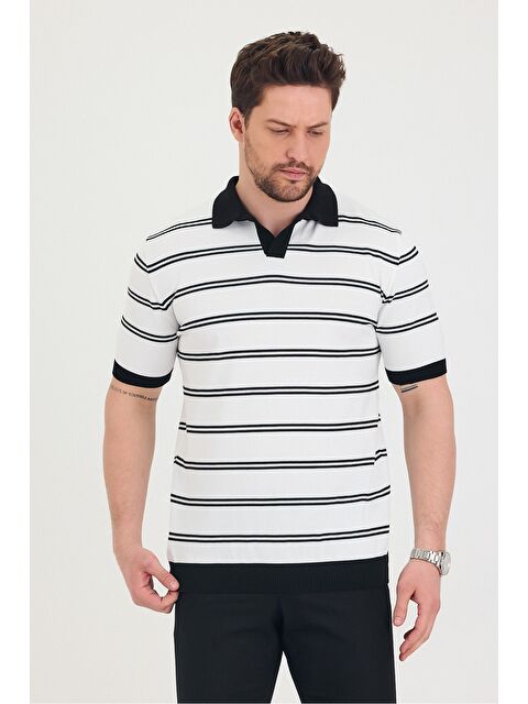Tarz Cool Erkek Polo Yaka Çift Çizgi Detaylı Triko T-shirt