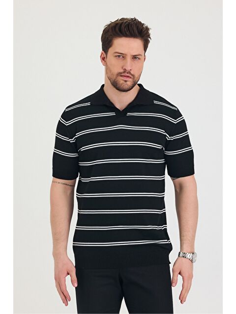 Tarz Cool Erkek Polo Yaka Çift Çizgi Detaylı Triko T-shirt