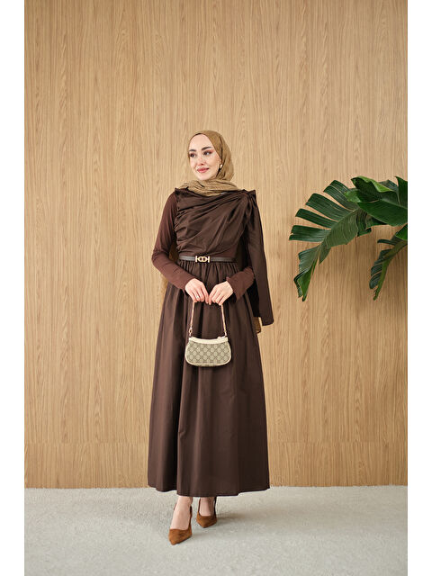Locco Moda Kadın Şal Detaylı Kemerli Poplin Elbise Kahverengi