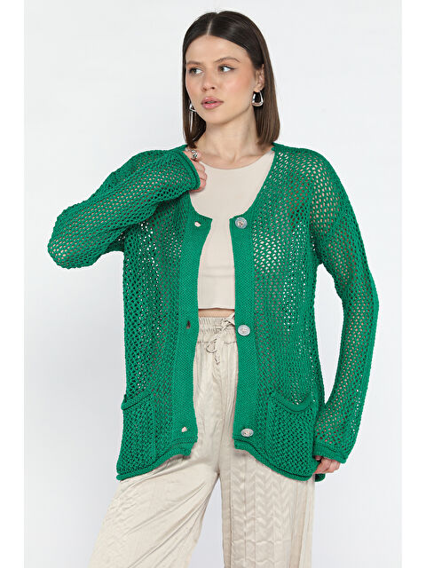 Gülseli Düğme Detaylı Ajurlu Kadın Triko Hırka - S000365040-18194