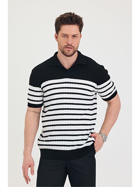 Tarz Cool Erkek Polo Yaka Çizgi Detaylı Triko T-shirt