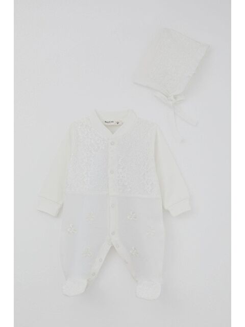 Breeze Kız Bebek Patikli Tulum Dantel Detaylı Çiçek Nakışlı Ekru (0-6 Ay) - S000492448-19965