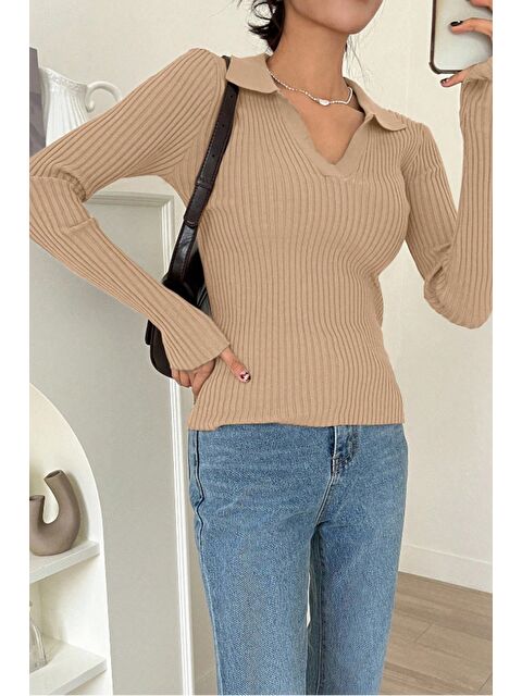 Tarz Cool Kadın Fitilli Polo Yaka Triko Kazak