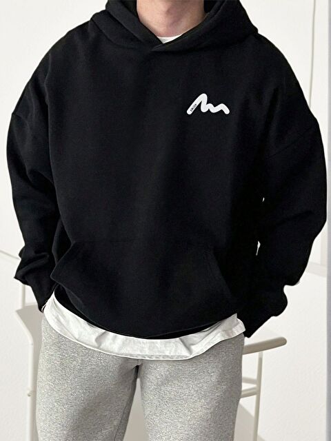 Trendseninle Siyah Enjoy Baskılı Kapüşonlu Oversize Sweatshirt - S000487109-19351