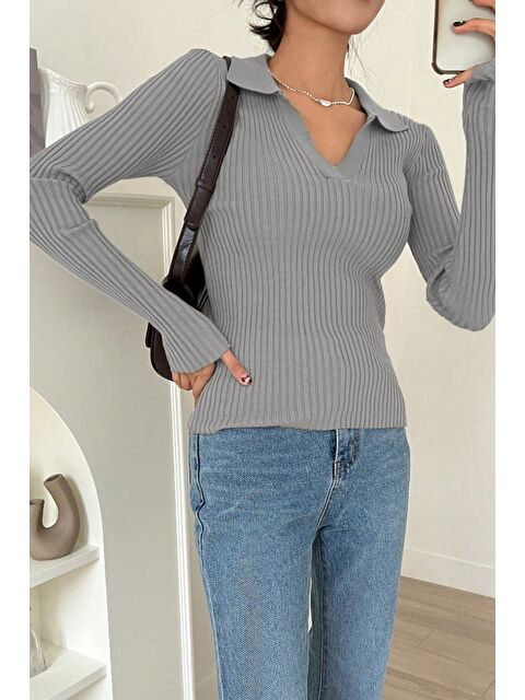 Tarz Cool Kadın Fitilli Polo Yaka Triko Kazak