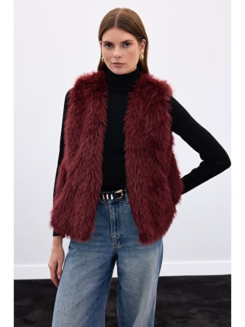 SATEEN Kolsuz Uzun Yelek - Bordo - S000444793-19951