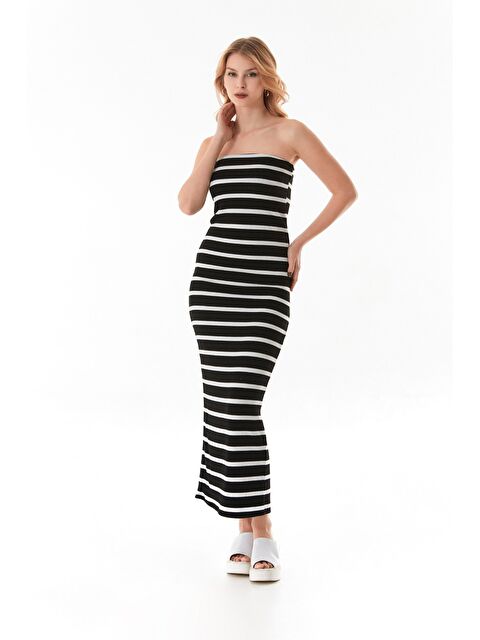 Fullamoda Çizgili Yırtmaçlı Triko Straplez Elbise - S000380637-19351