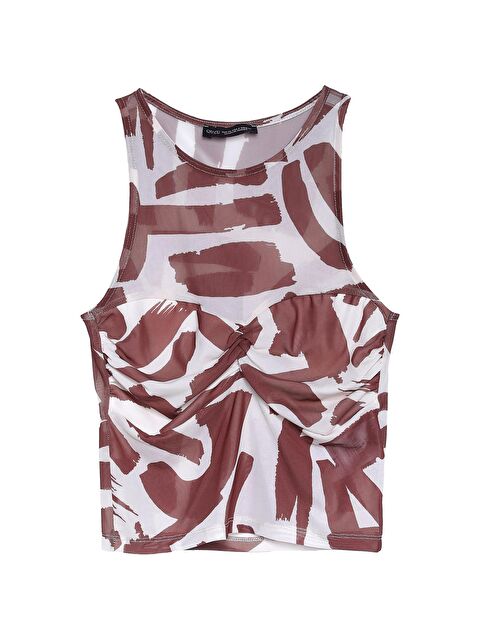 QUZU Büzgü Detaylı Crop Tül Bluz Kahverengi - S000229367-19413