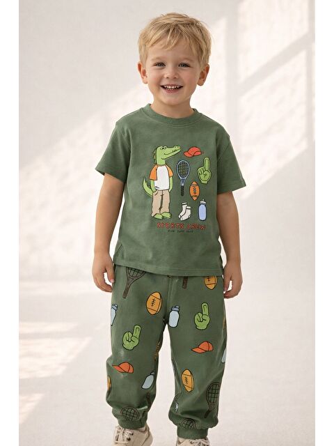 Monila Erkek Çocuk Pamuklu Yeşil Timsah Baskılı T-Shirt Ve Baskılı Eşofman Altı 2'Li Takım - S000530021-18194