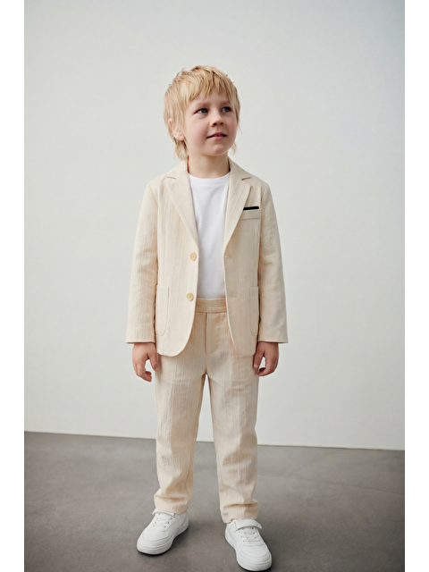 Magu Erkek Çocuk Ekru Çizgili Blazer Ceket Pantolon Ve T Shirt Takım - S000497864-19965