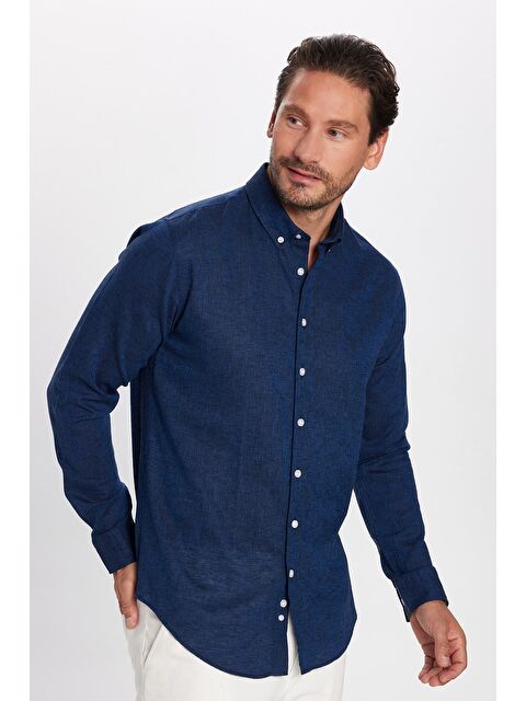 TUDORS Erkek Slim Fit Dar Kesim Uzun Kollu Keten Premium Seri Düğmeli Yaka Spor İndigo Gömlek