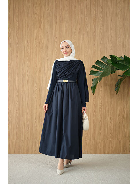 Locco Moda Kadın Şal Detaylı Kemerli Poplin Elbise Lacivert