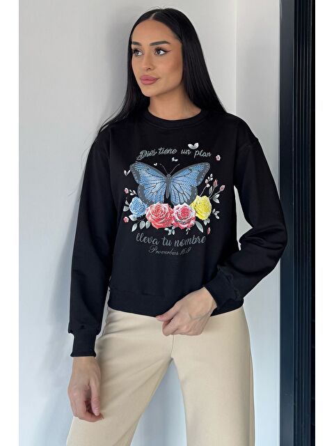 Gülseli Kadın Bisiklet Yaka Kelebek Baskılı Taş İşlemeli Sweatshirt - S000470196-19351
