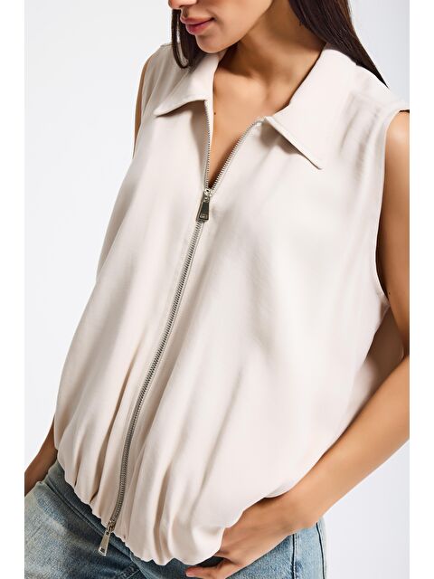 It's Basic Kadın Bej Renk s6-105 Balon Kesim Fermuarlı Bol Kesim Kumaş Yelek - S000505957-19928