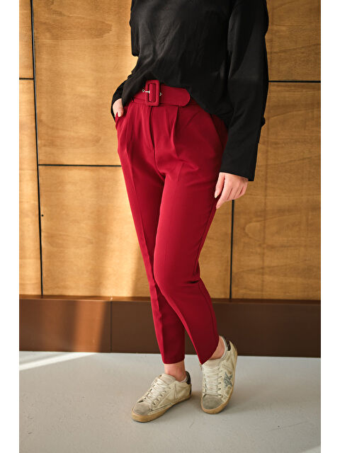 Locco Moda Kadın DUBLE KAPLAMA KEMERLI PANTOLON Bordo - S000302885-19951