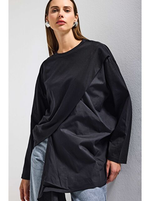 It's Basic Kadın Siyah w5 Oversize Çift Parça Tasarım Gömlek Sweatshirt - S000530023-19351