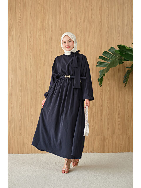 Locco Moda Kadın Boyun Bağlamalı Kemerli Elbise Lacivert