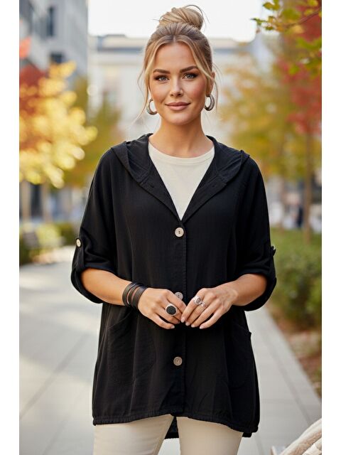 Chiccy İtalyan Siyah Kapüşonlu 3/4 Kol Düğmeli Cepli İnce Casual Kadife Dokuma Ceket 70 70 - S000508310-19351