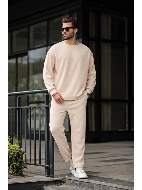 Madmext Bej Bisiklet Yaka Erkek Kadife Takım E7337 - S000457819-19928