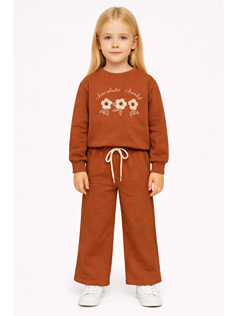 Zepkids Bisiklet Yaka Papatya Nakışlı Tarçın Rengi Kız Çocuk Eşofman Takım - S000486734-19956