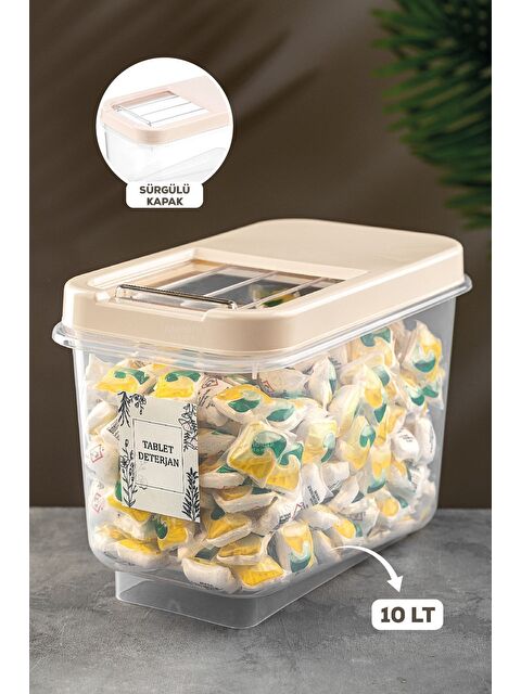 Meleni Home 10 Lt Kayar Kapaklı Deterjan Saklama Kabı   Etiketli Tablet Deterjan Saklama Kutusu Krem - S000387380-19966