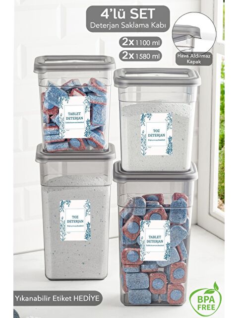 Meleni Home 4 lü Etiketli Deterjan Saklama Kabı Seti   Hava Geçirmez Kapaklı Banyo Düzenleyici Saklama Kutusu - S000387382-20600