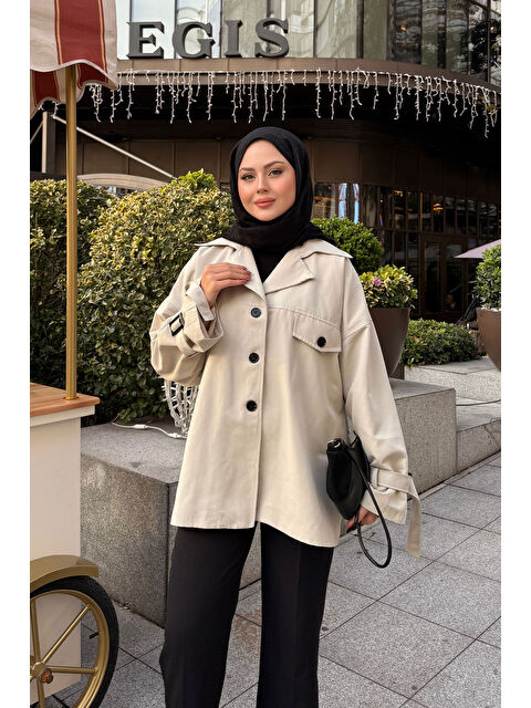 Locco Moda Kadın Kruvaze Yaka Trenç Taş - S000492427-25636